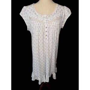 Eileen West Nightgown Womens L White Blue Diamond Lace Trim Ruffle Hem Cotton